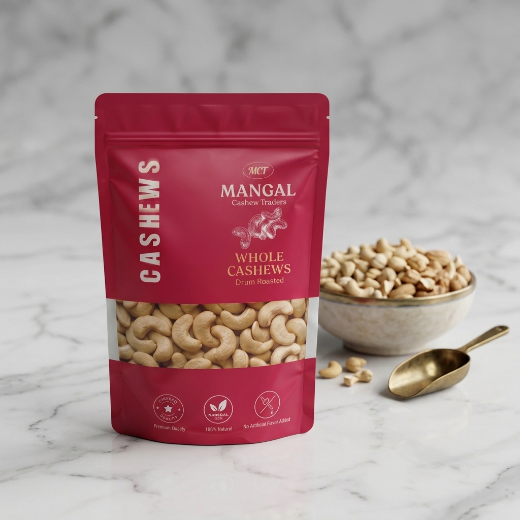 Premium stand-up packaging for Mangal Cashew Traders roasted cashew nuts