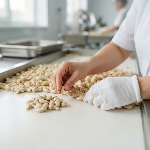 Worker in white gloves hand sorting premium cashew nuts at Mangal factory
